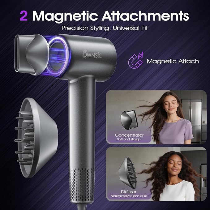 High-Speed Hair Dryer, 160,000 RPM Brushless Motor Blow Dryer with Magnetic Diffuser & Concentrator, Ionic Fast Drying, No Heat Damage, Low Noise Lightweight Hairdryer for Curly Hair, Home Travel