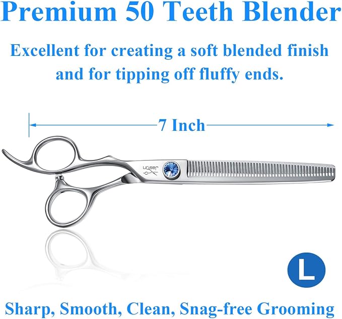 JASON Left Handed 7" Dog Grooming Scissors Set, 3 in 1 Ergonomic Blending, Curved, Straight Cat Pet Hair Trimming Thinning Professional Kits with Offset Handle and a Jeweled Screw Christmas Gift