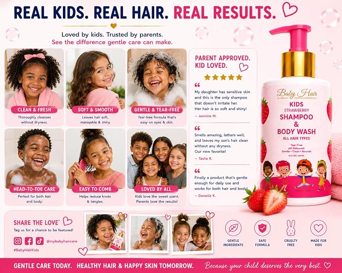 BABY HAIR - Strawberry Mineral Kids Shampoo/Body Wash, Sulfate-Free Tearless Shampoo and Body Wash, Shampoo For Kids with Strawberry Oil, Camellia Oil, and Biotin, No Tears Shampoo, 10 fl.oz.