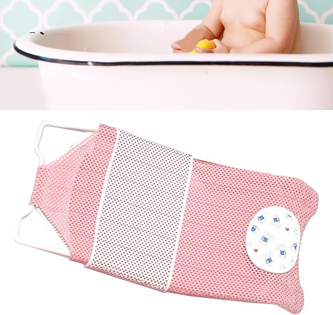 Baby Bath Seat Support, Non Slip Mesh Cushion Portable Bath Tub Seat Net for Newborns to Toddlers Pink PP Material with Pillow and Slip Pad