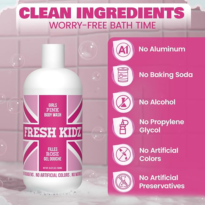 Fresh Kidz Body Wash for Kids and Teens - Gentle Bath and Shower Cleanser for All Skin Types - Girls Pink, 16.9 Fl.Oz.