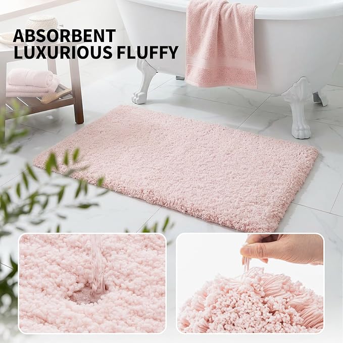 ILANGO Pink Bathroom Rugs 48" × 24" Non Slip & Super Absorbent Extra Thick Soft, Washable Bath Mat for Floor, Microfiber Plush Shaggy Bath Rug with Rubber for Bathtub Shower Room Sink