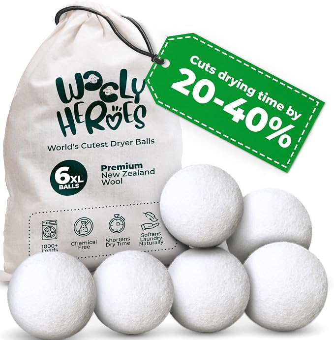 Chemical Free & Baby Safe! Reusable Wool Dryer Balls XL 6-Pack - Reduces Static, Cuts Dry Time, & Softens Naturally
