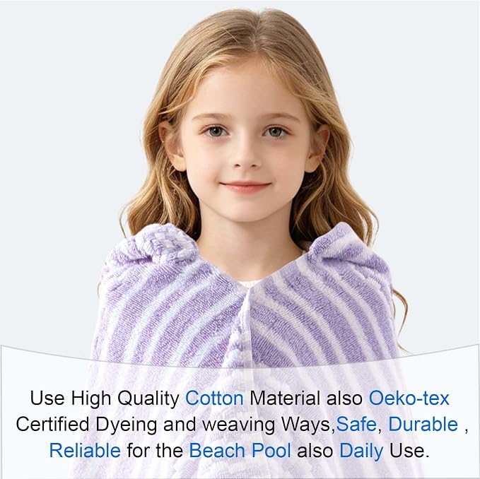 VOOVA & MOVAS Hooded Bath Towels for Kids | Soft Absorbent 100% Cotton Thick Towel Wrap | Versatile Beach, Pool, Swim & Bath Cover-Up | Purple White Vertical Stripe