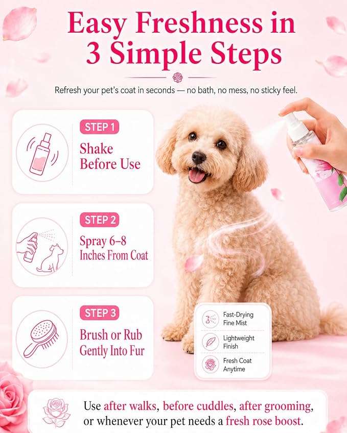 Pet Cologne for Dogs & Cats, Soft Rose Deodorizing Spray, Long-Lasting Fresh Scent, Non-Sticky Coat Conditioning & Odor Control Formula | Travel-Friendly, 3.38 fl oz