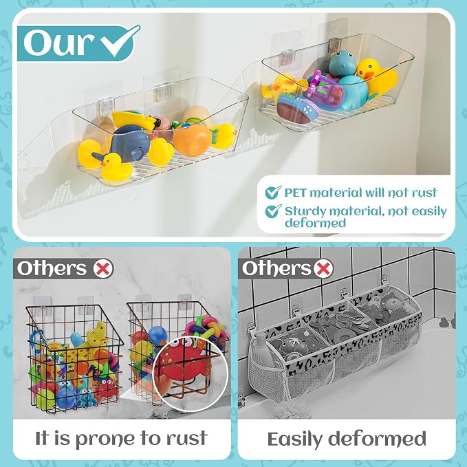 MIUKAA 2 Pack Large Bath Toy Storage Organizer, Clear Bath Toy Holder for Bathtub, Plastic Shower Toy Holder, Fast Drainage, No Drilling Required, Easy to Install