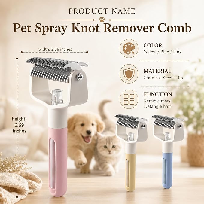 Dual-Sided Pet Grooming Comb,Double Sided Dematting Comb for Dogs & Cats, 2‑in‑1 Professional Pet Grooming Brush Deshedding Dog Brush with Spray Design (1PCS, Yellow)