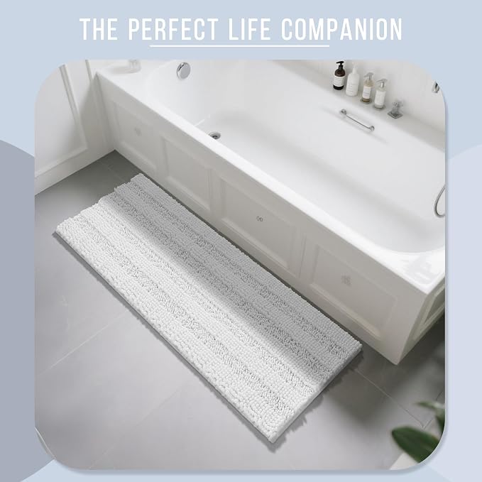 Yimobra Bathroom Runner Rugs 60"x24", Non Slip and Absorbent Bath Mat, Super Soft Water Absorbent Hallway Carpet, Machine Washable Rug for Vanity Tub Shower, White