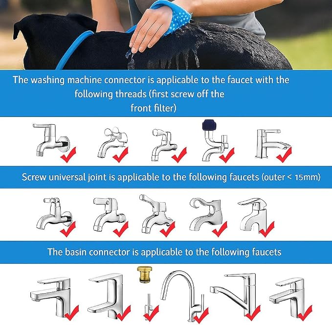 Dog Shower & Grooming Glove – 2-in-1 Pet Bathing Tool with Hose & Faucet Adapters – Indoor/Outdoor Sprayer for Dogs & Cats