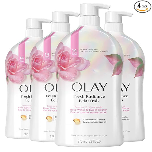 Olay Body Wash for Women, Fresh Radiance, Refreshing & Renewing, Made with Plant Based Cleansers, B3 Botanical Complex, For All Skin Types, Rose Water & Sweet Nectar Scent, 33 fl oz (Pack of 4)