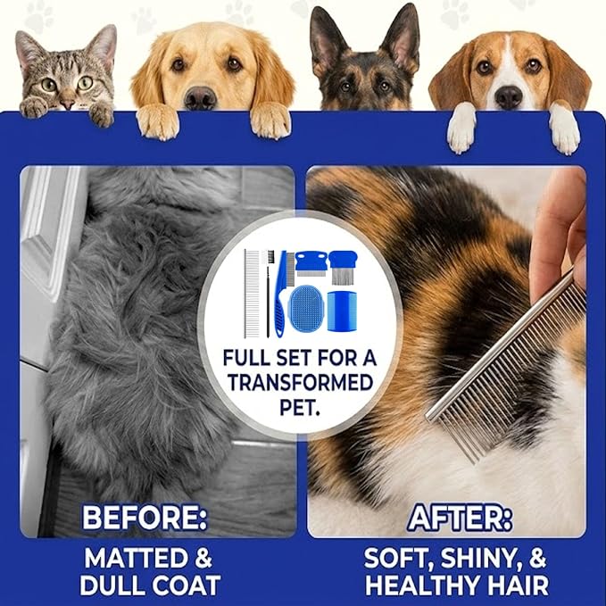 7 Pack Pet Flea Comb & Grooming Set for Dogs Cats, Stainless Steel Lice Combs with Rounded Teeth Tear Stain Remover & Silicone Bath Massage Brush Tick Removal Tool for Small Pets