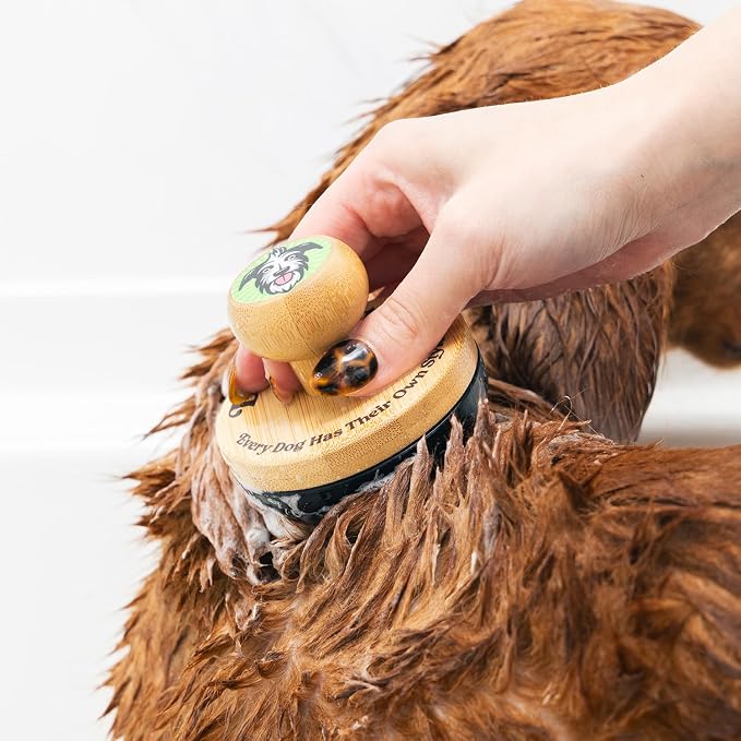 Doggy Style Small Bamboo Dog Bath Scrubber, Bamboo Handle with Soft Silicone Bristles, Shampoo & Massage Tool for Small & Medium Dogs