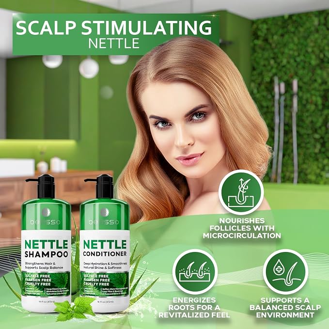 Nettle Shampoo and Conditioner Set - Sulfate Free to Boost Volume - Thickening, Strengthening, Volumizing Formula for Fine and Thinning Hair Women and Men - 16 Fl Oz (Pack of 2)