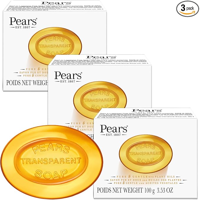 Pears Soap, Pure & Gentle with Natural Oils, 3-Pack – Transparent Amber Glycerin Soap for Pampered, Glowing Skin, 3.53 Oz Ea