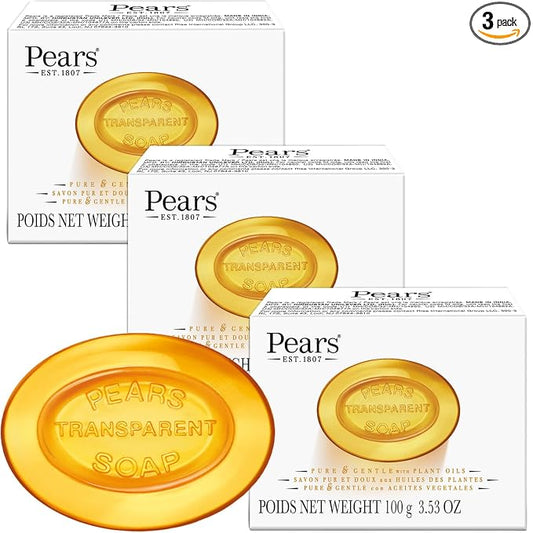 Pears Soap, Pure & Gentle with Natural Oils, 3-Pack – Transparent Amber Glycerin Soap for Pampered, Glowing Skin, 3.53 Oz Ea
