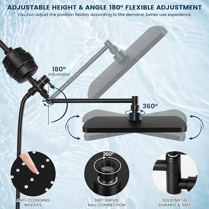 Filtered Shower Head with Handheld Combo,11.8 Inch Large Rectangular Black Rain Shower Head with 5 Modes Handheld Spray Combo,Adjustable Double Shower Heads with Holder and 11'' Extension Arm