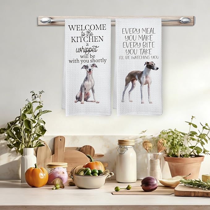 Funny Whippet Dog Kitchen Towels, Whippet Dog Lovers Gifts for Women Men Hand Towels, Pet Lover Gifts Dishcloths Dish Towel for Kitchen 16x24 Inches Set of 2