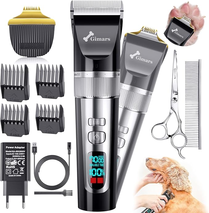Gimars 4 in 1 Dog Grooming Clippers with Small Trimmer, 7000RPM High-Power 4-Speed Quiet Pet Shaver (≤55dB), Cordless Rechargeable Dog Hair Clippers for Thick Coats with Scissors, Comb & USB