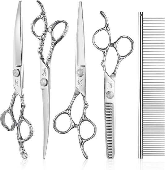 JASON Dog Grooming Scissors Kit, Professional 6 in 1 Dog Scissors Set - 6.5" Thinning, 7" Straight, 7" Up-Curved, 7" Down-curved Shears and Comb for Dog Cat Pet (Silver) Christmas Gift