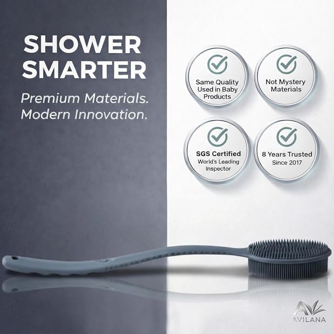Avilana Silicone Body Scrubber for Shower – SGS Certified Food Grade Dual Sided Bath Brush, Gentle Exfoliating Silicone Loofah Alternative, Sensitive Skin Body Brush (Dark Gray, Long Handle)