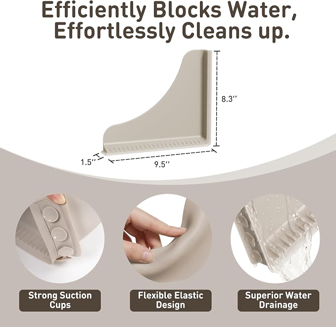 Roslim No-Adhesive Silicone Shower Corner Splash Guard, Reusable Suction Cup Water Blocker for Walk-in Showers & Bathtubs, Leak-Proof Seal Keeps Floor Dry, 2-Pack, Taupe（Small）