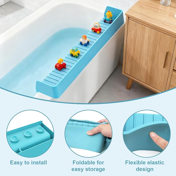 Bathtub Splash Guard for Kids,2.6 FT Silicone Bathtub Play Shelf with 11 Suction Cups, Bath Tub Ledge Shelf for Kids, Prevents Water Spills in Bathroom (Blue)