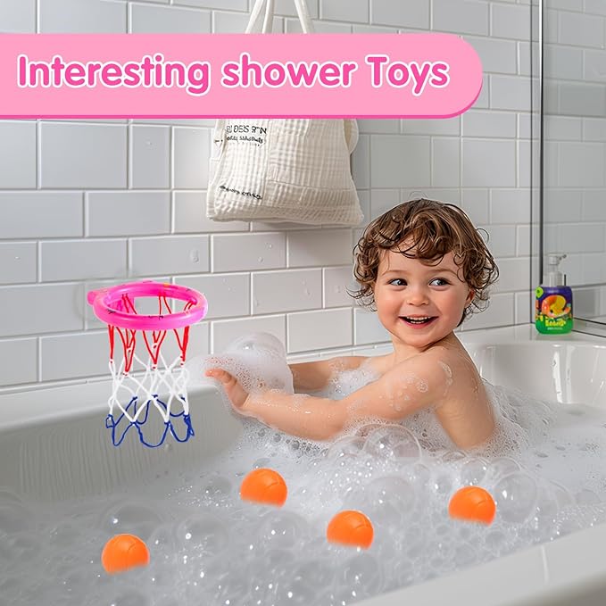 Bath Toys Basketball Hoop Set Strong Suction Cups with 4 Non Porous Balls | Baby Bath Toys for Kids Ages 1-3, Toddler Pool Toys for toddlers 1-4, Pool Toys for Kids Ages 4-8, Mini Basketball Hoop
