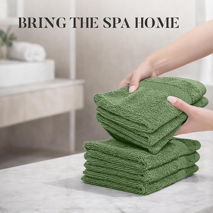 RIVERSIDE 12-Pack Premium 100% Cotton Sage Green Face Towels for Bathroom [12x12] - Reusable Luxury Face Wash Cloths for Showering - 550 GSM Super Soft & Absorbent Washcloths for Body, Spa & Gym