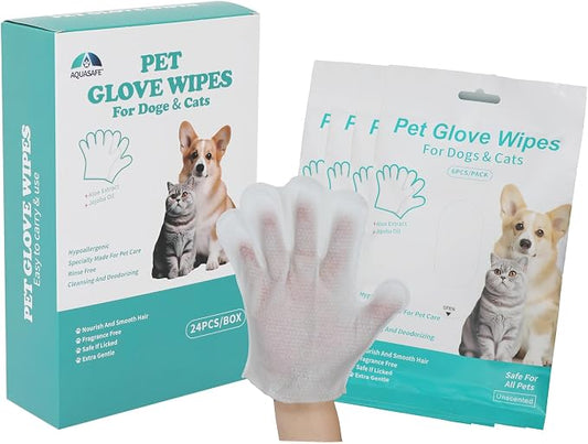 AQUASAFE Pet Glove Wipes - No-Rinse Dog Grooming Wipes & Cat Bath Gloves | Unscented Hypoallergenic Dog Wipes, [24] Ct