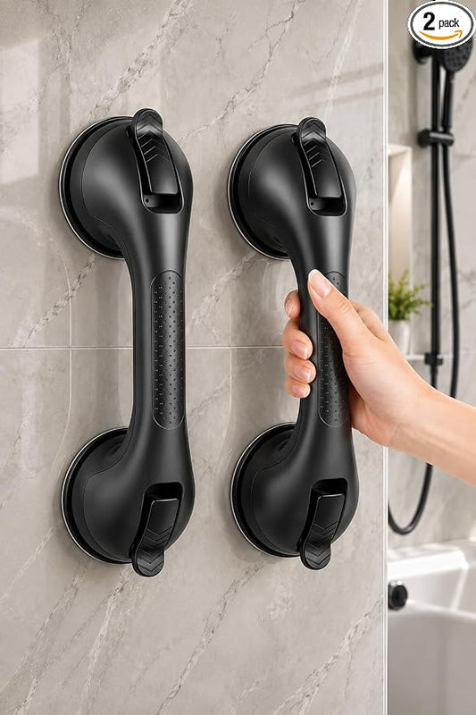 Gel-Enhanced Shower Grab Bars for Seniors and Elderly, 2 Pack Heavy Duty Suction Grab Bars for Bathtubs and Showers, No Drill Removable Bathroom Handles for Toilet, Tub, and Shower Support