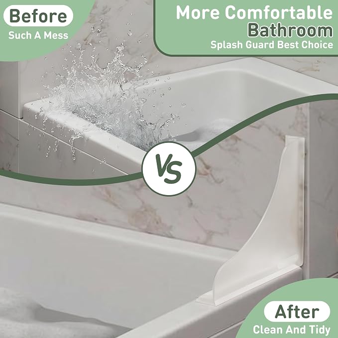 No-Adhesive 2-Pack All-Silicone Shower Splash Guard with Strong Suction Cups, Reusable One-Piece Bath Tub Corner Water Blocker for Secure Seal&Easy Removal，Keep Water in Shower or Bath, Clear （Small）