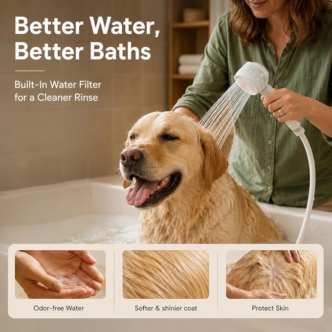 Premium Filtered Dog Shower Attachment, High Pressure Handheld Sprayer with One-Touch Water Control, G1/2" Metal 3-Way Diverter & 100" Hose for Easy Pet Bathing(Silver Spray Face)