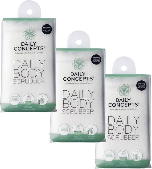 DAILY CONCEPTS Daily Body Scrubber, Soy-Based and Organic Cotton. The Bath Sponge Deeply Cleanses The Skin and Creates A Rich Foamy Lather. The Outer Texture Provides A Gentle Exfoliation - Pack of 3