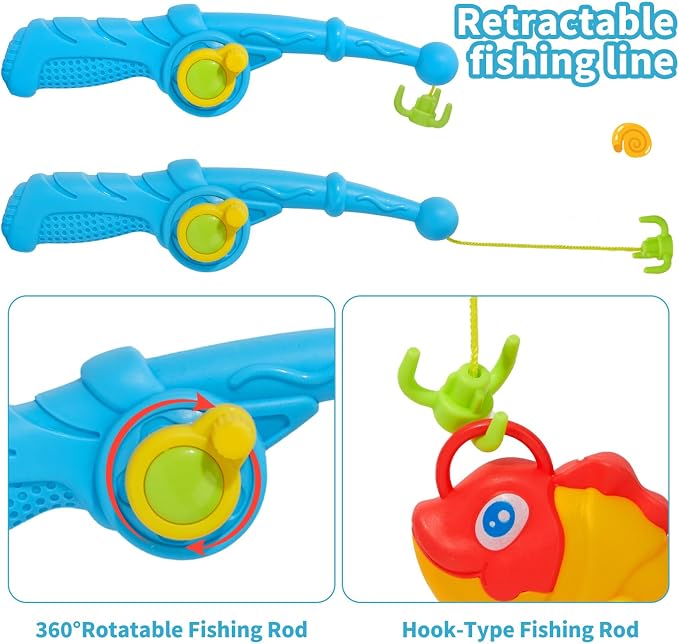 Toddler Bath Toys for Kids Ages 1-3, Mold Free Bathtub Pool Water Table Toys with Pole Rod Net & Plastic Floating Fishes, Outdoor Water Toys for Kids Toddlers Birthday Gifts Aged 2-4 3-5 4-8