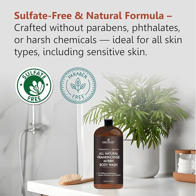 First Botany, ALL Natural Body Wash - Fights Body Odor, Athlete's Foot, Jock Itch, Nail Issues, Dandruff, Acne, Eczema, Shower Gel for Women & Men, Skin Cleanser -16 fl oz (Frankincense Myrrh)