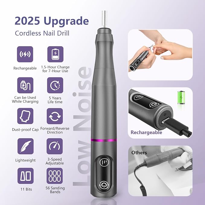 TUOBEO Cordless Nail Drill Electric Rechargeable File Kit, Professional Efile Acrylic Gel Nail Polish Remover Pedicure Manicure Machine Portable Set with 11 Bits 56 Sanding Bands for Salon Home Gray