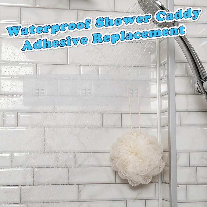 4 Pack Shower Caddy Adhesive Replacement, 3 Hooks Thick Shower Shelf Adhesive, Waterproof Shower Hooks Strips for Kitchen Racks, Bathroom Storage, Shower Basket & Soap Holder