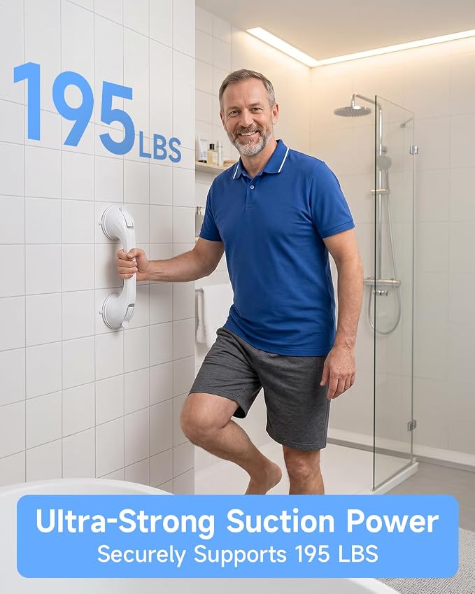 Shower Grab Bars for Shower and Bathtubs, 2 Pack Suction Shower Handle for Elderly, Suction Cup Removable Handrails Safety Grip, Heavy Duty and No Drilling, 12 in - White