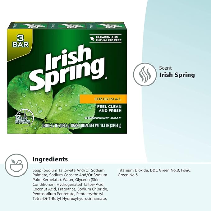 Irish Spring Deodorant Bar Soap, Original, 3.75 oz bars, 3 ea (Pack of 12)