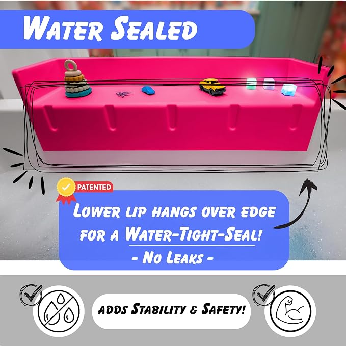 Tub Topper Kids Bathtub Splash Guard, Shelf & Toddler Bath Toy Tray - Pink | Toddler Bath Tray & Ledge Organizer, Strong Suction Cups, Patented Lip Design, Kids Bathroom Accessory Storage, Made in USA