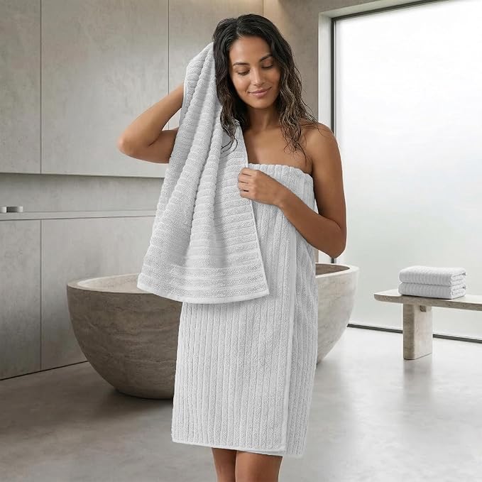 RIVERSIDE Pack of 2 Extra Large Bath Sheet Towels, 35 x 70 Inches, 600 GSM, Ribbed Stripe, 100% Cotton - Super Soft, Highly Absorbent & Quick Dry for Bathroom, Spa & Hotel, White