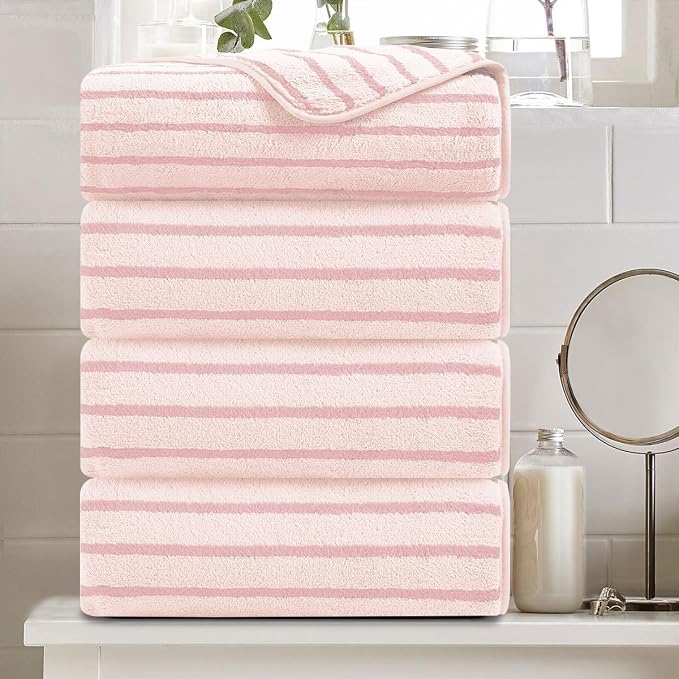 4 Piece Pink Cabana Stripe Large Bath Towels 35"x70" Oversized Bath Sheet Super Soft Breathable Jumbo Bathroom Towels Highly Absorbent Shower Towel Quick Dry Beach Chair Towel Spa Gym Hotel Towel Set