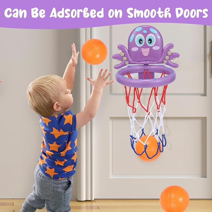 Bath Toys - Basketball Hoop Set Bathtub Toys for Toddlers Ages 1-3, Mini Basketball Hoop Toddler Bath Toys for Kids Ages 3-5,with Strong Suction Cup & 3 No Hole Balls, Sensory Toys (Purple)