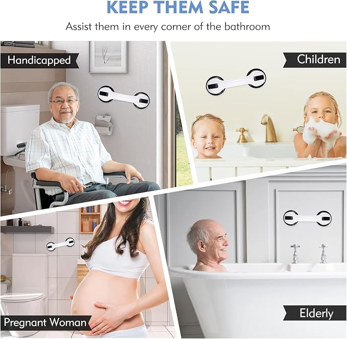Reyiu Grab Bars for Shower, 12 Inch Shower Handle, Suction Cup Bathroom Grab Bar for Elderly, Seniors, Handicap - No Drill, Waterproof, Removable (2 Pack)