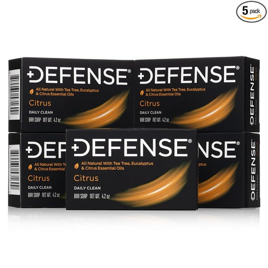Defense Soap Citrus Bar – All Natural Tea Tree, Eucalyptus & Citrus Essential Oils – Post Workout Hygiene for Athletes, Sports & Active Lifestyles – Washes Away Sweat & Body Odor – 4.2 oz (Pack of 5)