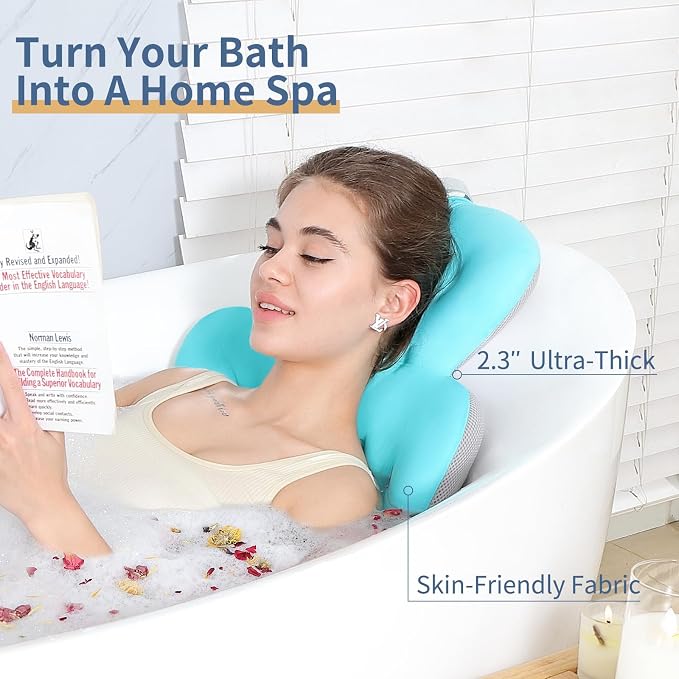 Luxury Bath Cushion, Full Body Bathtub Pillow with 160 Suction Cups, Bath Mat for Head and Neck Support, with Laundry Bag (Blue, 56" x 16")