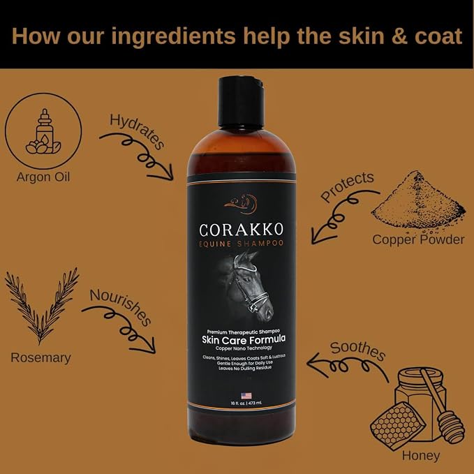 Corakko - Horse Shampoo - Premium Therapeutic Skin Care Formula - Nano-Copper Technology - Leaving Coat Conditioned & Protected Against Itching, Bites, & Preventing Skin Ailments - 16oz
