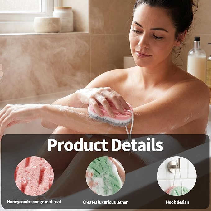 2 Pcs Bath Sponge, 3-Layer Body Wash Sponges Loofah Body Scrubber | 2 Colors & Large Size Shower Pouf Cleaning Loofahs for Shower Exfoliating