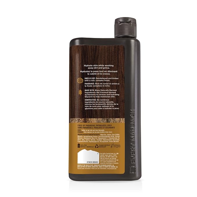 Every Man Jack Amber+Sandalwood Hydrating Mens Body Wash for All Skin Types-Cleanse, Nourish, and Hydrate Skin with Naturally Derived Ingredients-Paraben Free, Phthalate Free, Dye Free-24oz(Pack of 2)