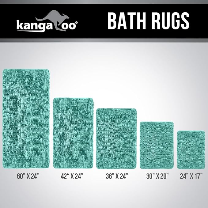 KANGAROO Bathroom Rugs, Chenille Soft Absorbent Bath Rug, Shaggy Shower Mat, Quick Dry Machine Wash Bathmat, Plush Carpet Mats for Tub, Bathtub and Room Home Decor Accessories, 30x20, Turquoise